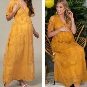 PinkBlush Mustard Lace Mesh Overlay Maternity Maxi Dress Size XL